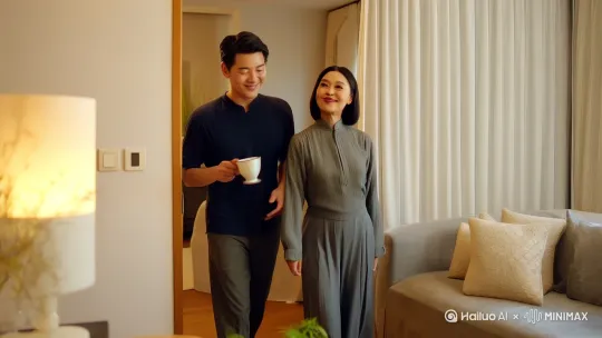 周末了，中国面孔女主人回家，老公给他开门。拿拖鞋，让老婆做沙发上，给她泡上热茶，给她按摩一下脚，然后回厨房准备了晚餐，二个人在餐桌上开启幸福的周末时光 by Hailuo AI Video Generator