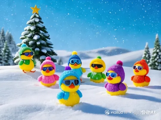 空中飘着雪，六个毛绒绒小鸭子 穿着粉色，蓝色，绿色，红色，紫色，橙色的带着滑雪眼镜，打雪仗，细节丰富，电影质感[左移,推进,右摇] by Hailuo AI Video Generator