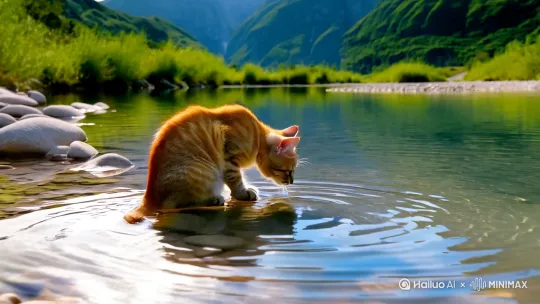 在一个青山在一个青山绿水，环境优美的河边，小猫在钓鱼 by Hailuo AI Video Generator