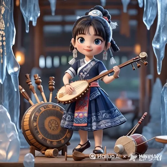人物一个漂亮转身，[左移,推进,右摇]双手不停弹奏琵琶，地上乐器自然而动[左移,右摇,跟随] by Hailuo AI Video Generator