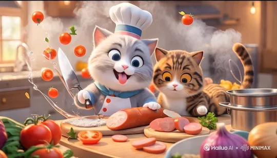 【角色设定】
🔹主厨猫：
"超精细3D卡通银渐层英国短毛猫，银灰色毛发呈现丝绸光泽渐变效果，拟人化站立姿态，穿戴红色格子围裙+褶皱感白色厨师帽，前爪握持木柄不锈钢菜刀，尾巴自然卷曲保持平衡"

🔸食客猫：
"写实风格棕虎斑猫，金色虹膜带琥珀光晕，黑色条纹毛发使用毛发粒子系统，佩戴天蓝色波点颈巾，蹲坐时前爪并拢呈期待状，尾巴尖部轻微抖动"

【核心动作】
❶ 切菜特写：
"动态镜头聚焦猫爪握刀切香肠（香肠截面渗出肉汁特效），砧板旁散落洋葱碎与西蓝花，刀光反射环境光形成光斑轨迹"

❷ 喂食互动：
"厨师猫用叉子挑起旋转的香肠片，俯身递向镜头外，虎斑猫跃起接食（慢动作展示空中飞溅的唾液拉丝与胡须颤动）"

【场景构建】
🏡环境："美式乡村厨房，做旧橡木料理台，背景含冒泡的铸铁锅（蒸汽粒子效果），悬挂的铜锅具，窗台薄荷盆栽，晨光透过百叶窗形成栅栏投影"

💡光影："柔焦暖光为主光源，刀面高光点动态移动，猫咪耳廓启用次表面透光效果，蒸汽造成局部光线扭曲"

【风格化参数】
📽渲染："皮克斯动画电影质感，8K超高清细节，运动模糊强化切菜速度感，启用SSS材质与流体模拟（肉汁/唾液）"

🎨色调："莫兰迪色系搭配，主色调为奶油白+番茄红+木质棕，高光区域偏橙黄暖调"
【增强指令】
✦ 追加特效："切菜时飞溅的面包屑带物理碰撞，虎斑猫瞳孔随食物移动产生形变动画"
✦ 镜头建议："开场俯拍厨房全景→推进刀切特写→环绕镜头拍摄喂食互动→结尾双猫击掌彩蛋" by Hailuo AI Video Generator