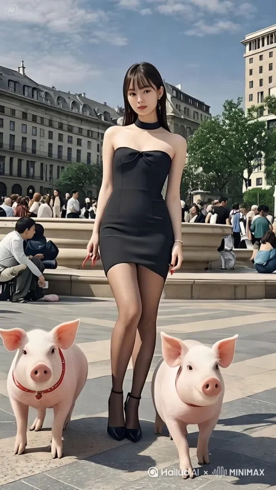 两头小猪依次跳到女人头顶，叠成罗汉 by Hailuo AI Video Generator