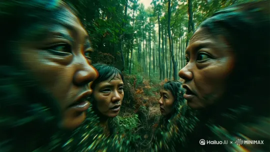 模拟第一人称视角 表现出让人害怕惊慌的感受 画面内容：生食毒蘑菇后的幻觉扭曲的人脸  扭曲的人脸在迷幻的彩色漩涡中变形扭曲，皮肤表面泛起荧光色斑块人物要晃动 ，镜头幅度动态大一些[晃动][晃动][晃动] by Hailuo AI Video Generator