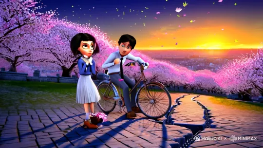 **场景描述：**  
**地点**：暮色中的樱花坡道，粉白花瓣随风盘旋，远处地平线吞没最后一缕夕阳，天际线浮起靛青色光晕。  

**镜头1（中景·手持镜头轻微晃动）**：  
少女的皮鞋尖无意识碾碎飘落的花瓣，制服裙摆被风掀起珍珠灰的褶皱。少年背靠生锈的自行车，金属链条随呼吸发出细碎声响。两人的影子在鹅卵石地面拉成渐行渐远的两道裂痕。  

**台词**：  
少女（扯动制服领结）：“你说候鸟迁徙真的是因为记得路线吗？说不定...只是被季风推着走。”（指尖忽然抓住飘落的花瓣）  
少年（转动车铃发出叮的一声）：“那它们每年在相同枝头筑巢，算不算自我欺骗？”（突然伸手接住从少女指缝漏下的花瓣）  

**镜头2（特写·90度仰角旋转镜头）**：  
花瓣坠入少年掌心时，镜头沿手臂螺旋上升。少女睫毛颤动投下的阴影在苹果肌上划开细小的裂缝，少年喉结滚动带起锁骨处跳动的暮光。背景樱花树突然抖落一场急雨，纷飞花瓣在两人鼻尖0.5厘米处形成悬浮的星环。  

**镜头3（分屏·数字故障特效过渡）**：  
左屏：少女瞳孔放大时映出少年背后腾空惊起的鸽群，金属车把折射的夕照在虹膜上灼烧出六个菱形光斑。  
右屏：少年耳后剃短的头发突然竖起几根，倒映着少女手腕上即将滑落的雏菊手链，血管随心跳在太阳穴处敲出莫尔斯电码的节奏。  

**镜头4（航拍俯冲·动态模糊）**：  
狂风掀起制服外套如展翼的黑鸟，两人同时后退半步。樱花暴雨中自行车轰然倒地，车筐里滚出的柠檬汽水罐沿坡道叮叮当当跌落，镜头追着汽水罐冲下悬崖，最后定格在罐身反光中破碎成两半的晚霞倒影。  [左移,上升][晃动,跟随,变焦推进] by Hailuo AI Video Generator