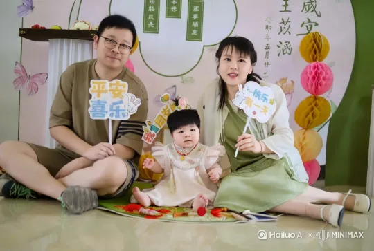 男的放了个屁飞上了天，[推出,上升,下摇]女的抱起小宝宝逃离现场[推出,上升,下摇] by Hailuo AI Video Generator