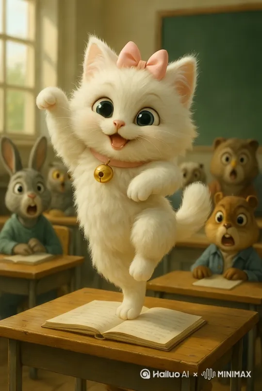 猫在桌子上忘我的舞蹈，做托马斯旋转，跳的舞有动感,手舞足蹈的感觉， by Hailuo AI Video Generator