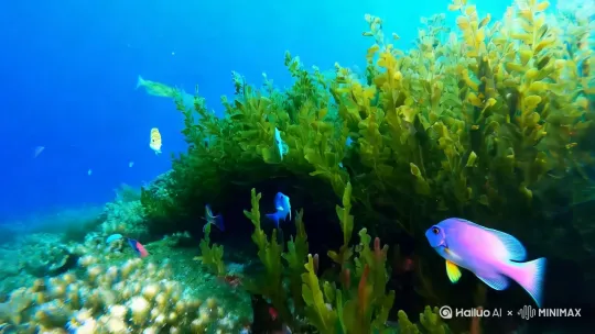 在蓝色的海底有一片海藻下，珊瑚中有很多五彩斑斓的鱼儿窜来窜去，它们在啃食扑捉着微小的生物，当推进看到一洞穴中一个螃蟹舞动着前夹子在吃着小虾。
要求高清逼真、色泽鲜艳，比例16：9 by Hailuo AI Video Generator