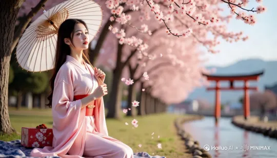 首帧主要表现物:穿粉色和服持和伞的少女、盛开樱花树、朱红鸟居、溪水、蓝染野餐布与花卉食盒
运动 / 变化:樱花花瓣持续飘落、少女轻握伞柄姿态微晃、溪水泛起细微涟漪
镜头运动:水平视角环绕少女→缓慢上移至樱花树冠→最后定格鸟居与樱花同框
美感氛围变化:
光线:延续画面阳光感,增强樱花半透明质感的逆光效果
色调:强化樱花粉(#FFB6C1)与和服粉(#FFC0CB)层次,突出鸟居朱红(#DC143C)与溪水浅蓝(#87CEEB)对比
动态:樱花飘落添加动态模糊,模拟真实飘落轨迹 by Hailuo AI Video Generator