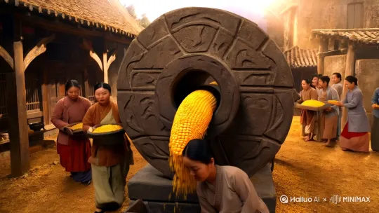 在一个宁静的农村老院子里，一座巨大的石磨矗立在场地中央，古老的磨盘上布满了岁月的痕迹。几位村民正忙碌地往石磨里添放玉米，金黄的玉米粒顺着磨槽缓缓滑入磨眼，发出沙沙的响声。空气中弥漫着玉米的清香，阳光透过老房子斑驳的木梁洒在石磨上，光影交错间显得格外温馨。突然间，天空中传来一阵祥瑞之气，一位身着华服的财神爷凭空出现，他一手执元宝，一手抓起一把金黄的玉米，轻轻放入石磨的磨眼中。村民们惊讶地停下手中的活计，抬头望着这位不速之客。财神爷微微一笑，只见他手握的玉米瞬间化作金色的光芒，注入石磨之中。随着石磨的转动，原本普通的玉米糁竟散发出璀璨的光芒，整个院子都被笼罩在一片祥和之中，突然间天空中闪电雷鸣，下起了大雨，老百姓忙着盖磨盘，9比16画面比例， by Hailuo AI Video Generator