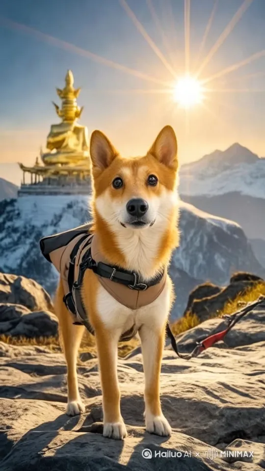 山顶上寒风呼啸，狗狗的毛和衣服被风吹着，狗狗淡定地欣赏着四周的风景[右移,左摇,跟随] by Hailuo AI Video Generator