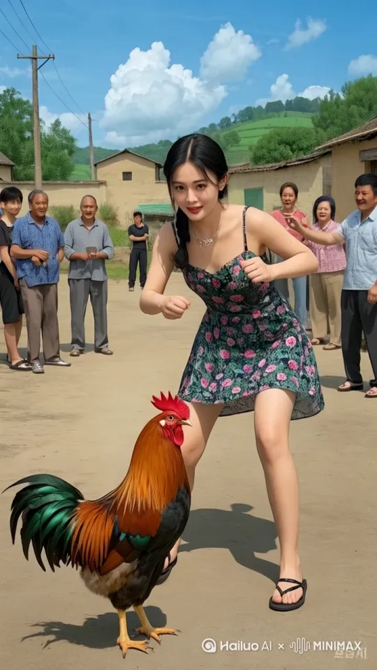 开始：低角度近地面  过程：垂直向上提升 结束：高空鸟瞰
特点：逐渐揭示广阔风景，镜头稳定无摇晃。女人和大公鸡很夸张的打架，打的很激烈，拳脚相加，女人和鸡跳起来打，周围人群表情惊讶 by Hailuo AI Video Generator