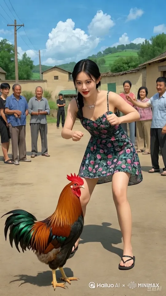 开始：低角度近地面  过程：垂直向上提升 结束：高空鸟瞰
特点：逐渐揭示广阔风景，镜头稳定无摇晃。女人和大公鸡很夸张的打架，打的很激烈，拳脚相加，女人和鸡跳起来打，周围人群表情惊讶 by Hailuo AI Video Generator