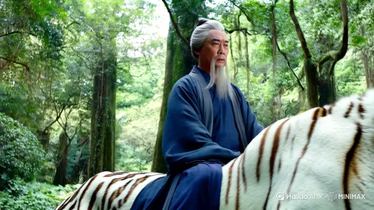 一位中年人，身穿道袍，手拿宝剑。头发银色发髻。长长的胡须，偏做在一只白色的老虎背上，悠闲的由远而近走在古老的原始森林里，突然，俩賊人纵身一跃，从树杈上跳了下来。这时中年人同时从老虎背上闪电般的跳下！和那两个賊人打斗起来。 by Hailuo AI Video Generator