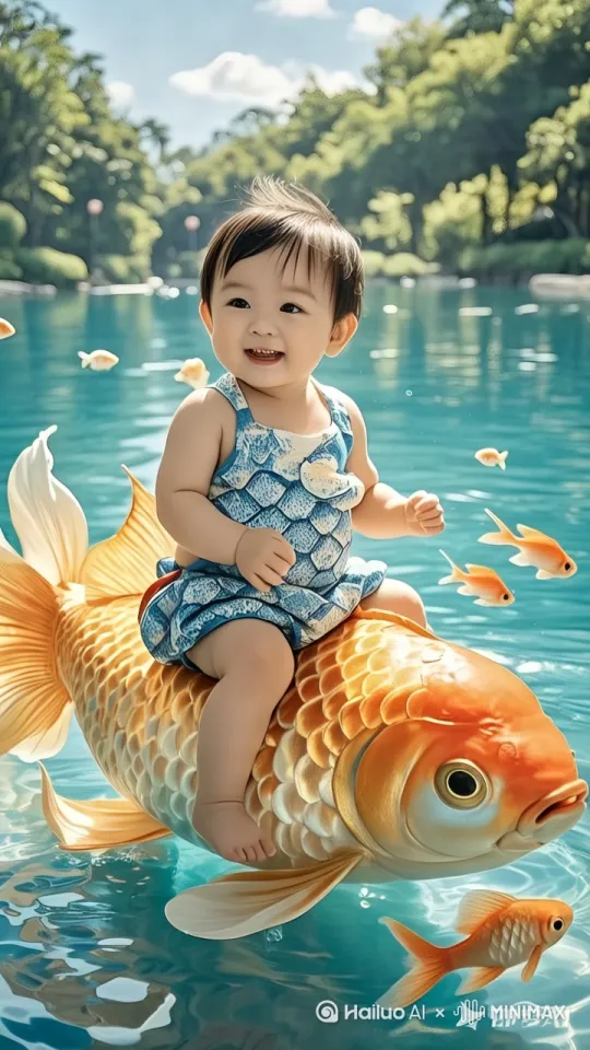鱼儿自由自在的游来游去，宝宝开心的坐在鱼背上跟着鱼儿手舞足蹈 by Hailuo AI Video Generator
