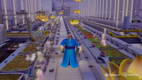 "Chinese deity Taiyi Zhenren in modern candle factory, wearing sapphire blue daoist robe with belly, using magic golden light to craft lotus-shaped scented candles, orderly production line with little apprentice spirits carrying wax materials, steam punk meets xianxia aesthetic, hyper-detailed 3D animation style, Pixar-like lighting, 8K resolution, dynamic camera angles with drone shot transitions, final close-up of candle ignition with magical fire sneeze"
---视频分镜---
1. 镜头1(2秒):全景俯拍现代化蜡烛工厂,太乙真人(蓝色道袍+标志性肚腩)站在流水线前,手持拂尘指挥一群小仙童搬运蜡料
2. 镜头2(2秒):中景侧拍太乙真人用仙法(指尖发出金光)为模具注入彩色蜡液,周围漂浮着莲花形状的蜡烛半成品
3. 镜头3(2秒):特写镜头聚焦太乙真人捧起成品莲花蜡烛(带金光特效),突然打喷嚏喷出三昧真火点燃蜡烛,烟雾形成"魔童香薰"字样 by Hailuo AI Video Generator