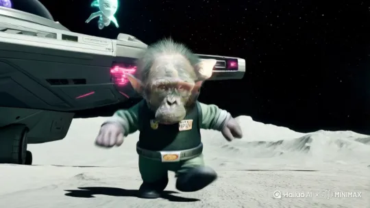 This man is a small dwarf and he walks on the moon surface with the spaceship,aliens and stars in the background. by Hailuo AI Video Generator