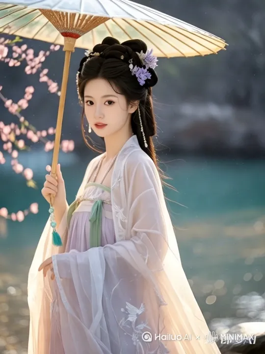 桃花随风飘落[右移,左摇,跟随]风吹起的地上的花[左移,上升] by Hailuo AI Video Generator