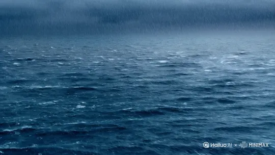 孤寂的大海，深蓝色，远景，慢慢推进，海面上下着雨，波涛汹涌，雨点落在水面，寂静无声 by Hailuo AI Video Generator