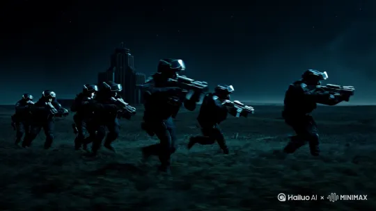 6个战术单位在夜间全副武装（全新的装备）对敌军指挥部进行秘密侦查。 by Hailuo AI Video Generator