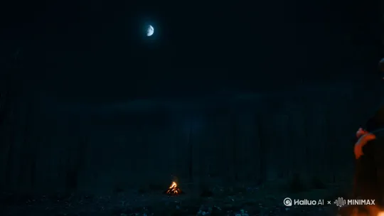 漆黑的夜空,一轮弯月,孤独的悬挂其上,淡淡的清冷月光,洒落大地。
漆黑的小森林之中,淡淡的篝火,轻盈的跳动着,为寂静的黑夜,带来一丝丝温暖的光亮。
篝火之旁,少年斜靠着树干,手中的火棍,有些无聊的玩弄着火苗。
右环移镜头 by Hailuo AI Video Generator