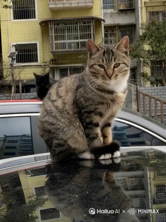 坐在全景天窗车顶上的猫凝视着远方，春天阳光灿烂明媚温暖的风吹着猫的耳朵和毛发，猫舒适地摇摇头，垂头晃晃耳朵又凝视着远方等待铲屎官下班回来陪它玩 by Hailuo AI Video Generator