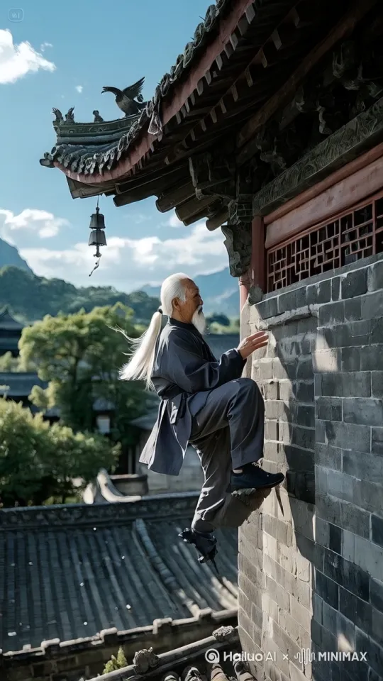 镜头移动，动态跟随，老人在建筑物外墙上用中国功夫快速攀爬，飞檐走壁，动作流畅 by Hailuo AI Video Generator