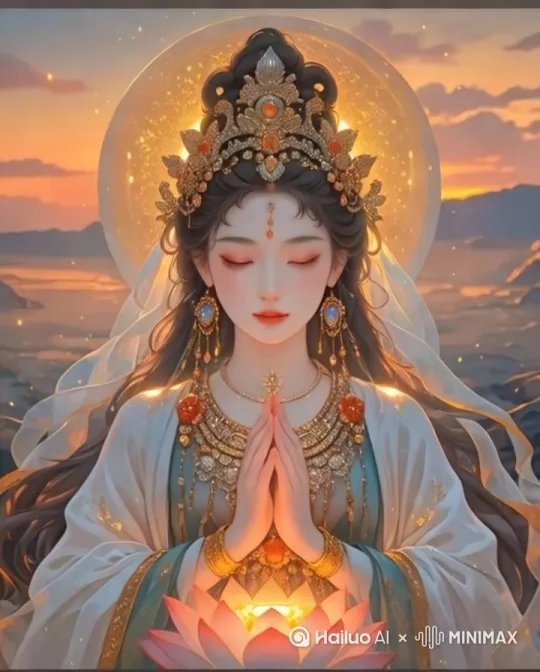 镜头由特写缓缓拉远，展露菩萨全身法相。背景琉光闪烁，万千细碎光粒如星河碎钻漫舞，夕阳橙红与仙幻青蓝交织，远山在流动光华中若隐若现。菩萨双手结印，衣袂翻卷间，周身鎏金粒子簌簌飘落，背后光环迸发琉璃般的璀璨光晕，光线折射出七彩流纹，织就梦幻光域。慢镜头细绘衣料纹理，光影在褶皱间潺潺流淌，最终定格于菩萨慈悲俯瞰之态，背景琉光聚合成莲花形状，神圣氛围拉满。[变焦拉远] by Hailuo AI Video Generator