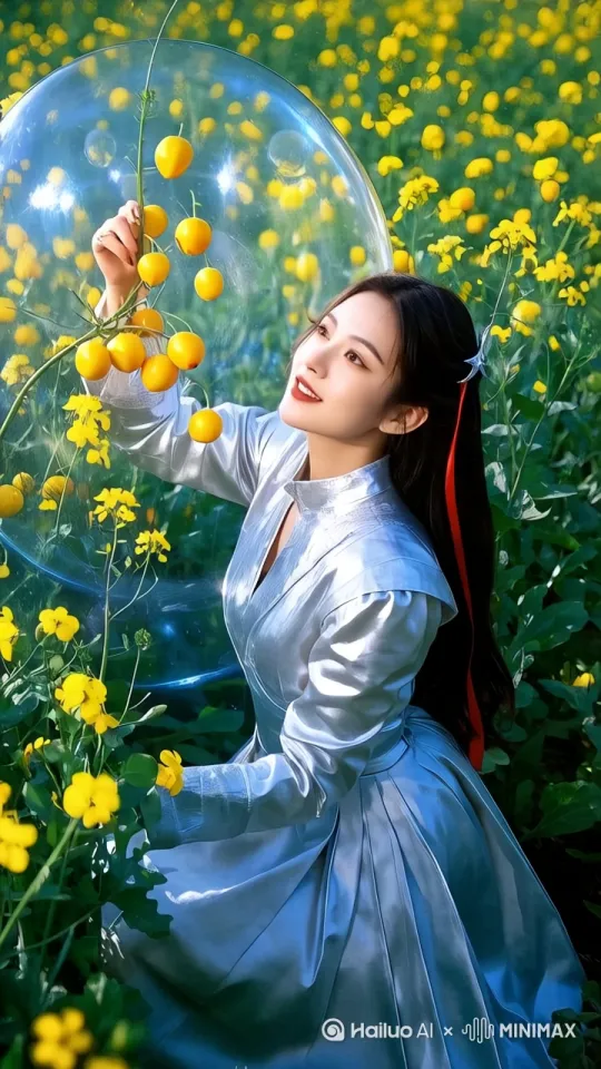 在一片充满科技感的虚拟田园里，一位身着银色长裙的美女正站在田间。她的周围是透明的能量罩，里面是一株株奇异的作物。只见她弯下腰，熟练地采摘着成熟的金色果实，那果实宛如真正的金疙瘩般闪耀。她脸上洋溢着惊喜与满足，眼睛弯成月牙。镜头以缓慢的推近运镜方式聚焦在她和金疙瘩上。田园中闪烁着柔和的蓝光，仿佛在为这收获的时刻欢呼。整个场景充满奇幻又喜悦的氛围，仿佛这个虚拟世界也因这神奇的收获而变得更加迷人。 by Hailuo AI Video Generator