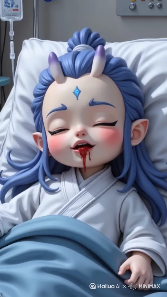 小孩软绵绵地瘫在病床上。他的嘴唇微微颤抖，艰难地开合着，微弱的声音断断续续从口中传出，似在痛苦地叫唤着，番茄汁不停的顺着嘴角缓缓溢出，先是细小的一条线，随后逐渐变粗，蜿蜒着流到下巴。与此同时，脑袋左右摇摆，闭着眼睛。 by Hailuo AI Video Generator