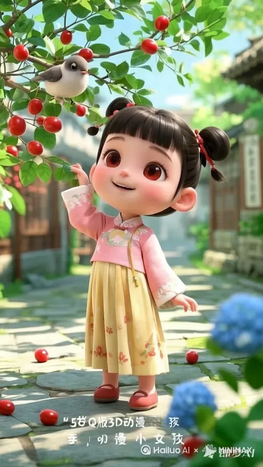 图片里小女孩在踮起脚采摘，树上小鸟在点头，树叶和花朵随风轻轻摆动[左移,右摇,跟随] by Hailuo AI Video Generator