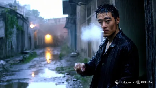 旁晚黄昏，湿漉漉的破旧街区，街头的一个小巷子，一个30岁长相痞帅的东方面孔的男人，手里的烟头向旁边丢去，背对镜头向远处慢慢走去，脸旁似乎飘着刚抽完烟的烟雾，整个画面表现男人的潇洒与不羁，跟随镜头，高清画面，电影质感。 by Hailuo AI Video Generator