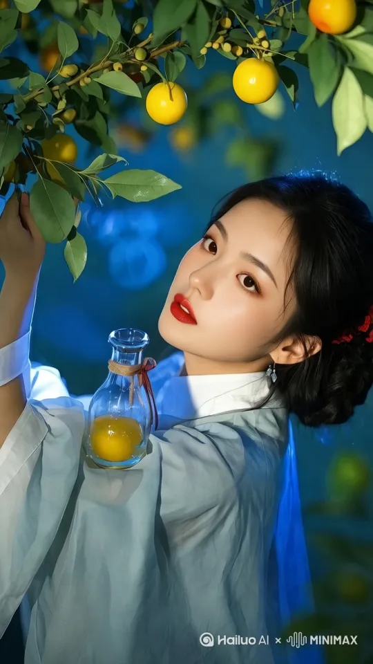 在一片充满科技感的虚拟田园里，一位身着银色长裙的美女正站在田间。她的周围是透明的能量罩，里面是一株株奇异的作物。只见她弯下腰，熟练地采摘着成熟的金色果实，那果实宛如真正的金疙瘩般闪耀。她脸上洋溢着惊喜与满足，眼睛弯成月牙。镜头以缓慢的推近运镜方式聚焦在她和金疙瘩上。田园中闪烁着柔和的蓝光，仿佛在为这收获的时刻欢呼。整个场景充满奇幻又喜悦的氛围，仿佛这个虚拟世界也因这神奇的收获而变得更加迷人。 by Hailuo AI Video Generator