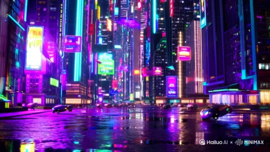 霓虹灯闪烁未来城市，高饱和紫色与青色对比，雨后湿漉漉地面反射城市灯光，空中悬浮全息广告，密集高楼间穿行飞行汽车 by Hailuo AI Video Generator