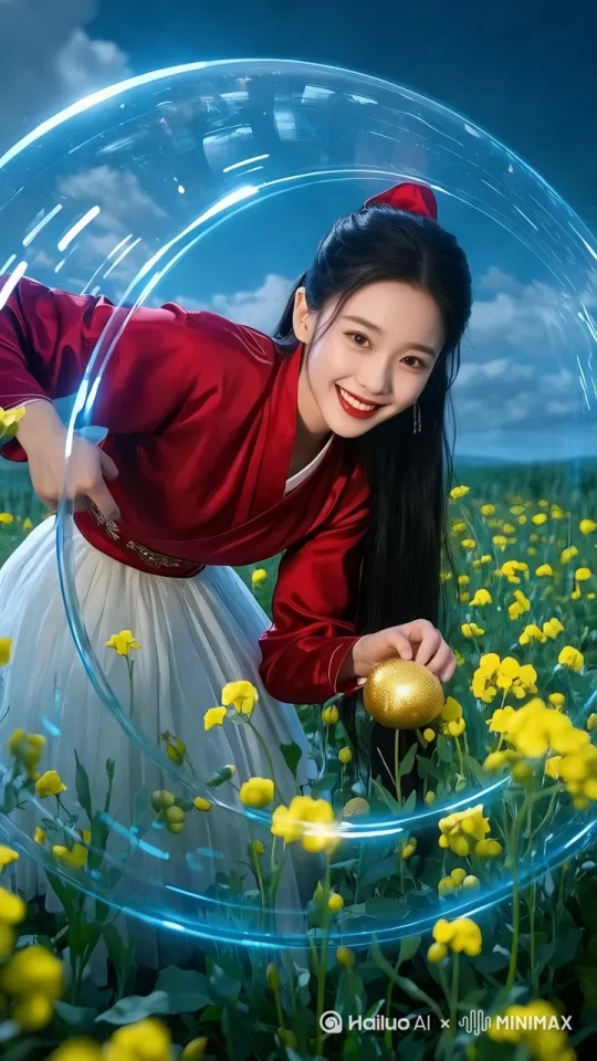 在一片充满科技感的虚拟田园里,一位身着银色长裙的美女正站在田间。她的周围是透明的能量罩,里面是一株株奇异的作物。只见她弯下腰,熟练地采摘着成熟的金色果实,那果实宛如真正的金疙瘩般闪耀。她脸上洋溢着惊喜与满足,眼睛弯成月牙。镜头以缓慢的推近运镜方式聚焦在她和金疙瘩上。田园中闪烁着柔和的蓝光,仿佛在为这收获的时刻欢呼。整个场景充满奇幻又喜悦的氛围,仿佛这个虚拟世界也因这神奇的收获而变得更加迷人。 by Hailuo AI Video Generator