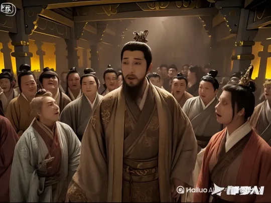 |8|0:50 - 1:00|近景切换|烟雾散去，舞者消失，大王和群臣一脸惊愕，随后开始交头接耳、议论纷纷，有的大臣瞪大眼，有的面露惊恐|切换镜头|无|嘈杂的议论声，音效稍显混乱|适中| by Hailuo AI Video Generator