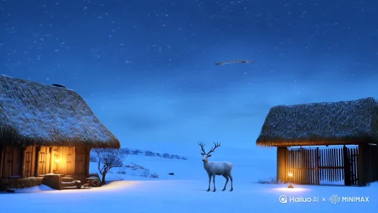 冰雪连天寻白鹿，柴门白雪映草屋。横笛凄凉为谁诉，浊酒二两朝为暮。寒夜三更摇红烛。宣纸千层尽离愁？那敢忘你曾回眸！痴情一生为你渡！ by Hailuo AI Video Generator