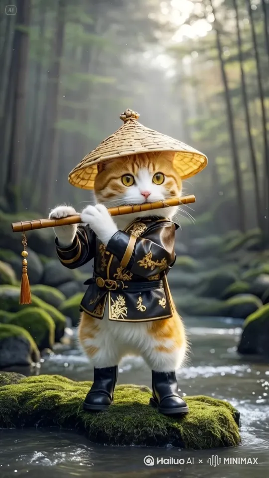 超高清8K画质，固定镜头聚焦拟人化橘白猫咪。猫咪头戴竹编斗笠，身着黑金配色金线刺绣古装，脚蹬黑色皮质靴，稳立于溪流中覆满青苔的岩石吹奏竹笛。极致刻画猫爪按动笛孔的灵动轨迹，清晰呈现肉垫贴合笛身时的自然挤压动态与细腻纹理，每根手指起落间的灵活姿态精准还原。同步强化猫须随呼吸韵律的微颤细节，服饰金线刺绣纹路、斗笠竹篾编织肌理、竹笛材质质感及流苏摆动轨迹均以电影级写实精度呈现。背景山林雾气与光影交织，溪流岩石青苔的微观细节丰富饱满，全程以猫咪专注吹奏的神情为视觉核心，将古风演奏场景的超写实质感与灵动动态完美融合，比例9:16。 by Hailuo AI Video Generator