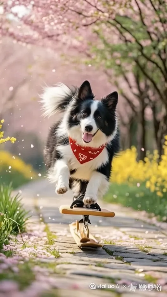 镜头跟随,动态移动。一只牧羊犬在林萌道上炫技,它脚踏滑板,在小道那头,以极快的速度冲向镜头,连续做了两个高难度动作,然后着地滑行。镜头跟随动态,精准捕捉每一次翻转和旋转,展现出边境牧羊犬的极限运动风采。 by Hailuo AI Video Generator
