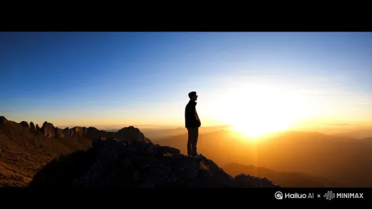 一个人站在一座山，看对面的日照金山 by Hailuo AI Video Generator
