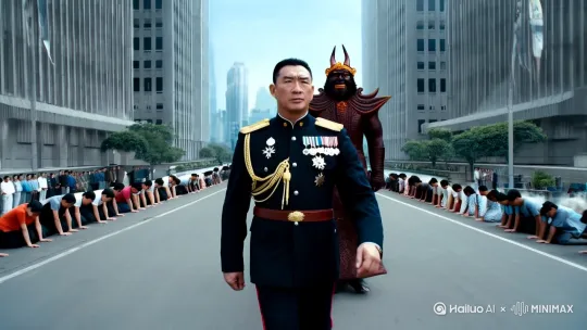两边都是高楼大厦，中间柏油马路上走过来一个中国男人，高大威武身穿军装，胸口挂满勋章，男人身后跟随一个高大的阎王，神情举止和男人一模一样，路两边的人们对这男人顶礼膜拜 by Hailuo AI Video Generator