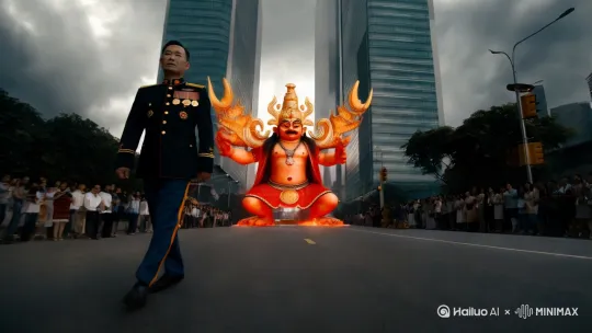 两边都是高楼大厦，中间柏油马路上走过来一个中国男人，高大威武身穿军装，胸口挂满勋章，男人身后跟随一个高大的阎王，阎王高度，头顶天。背后乌云密布。神情举止和男人一模一样，路两边的人们对这男人顶礼膜拜，一路过来，地动山摇的气势 by Hailuo AI Video Generator