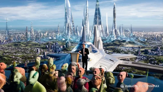 2098年地球星际联盟正式成立这里出现未来发达的地球画面已经走入星际时代的地球[左移,上升]，马斯克（[下降,上摇]一群人在听发布会）开发的人类第二殖民地与其他星球与银河系外的外星生命体进行了文明融合，人类也得到了前所未有的进化随着人类的进步，人们也发现了未知的危险正在接近…    
莫瑞兹是穿梭舰队长他们的任务是巡查银河系周围安全，这艘穿梭舰里有28个星球成员有各种各样的生物让类只是其中一个都古拉他是一种液体形态的的生物来自天王星，莫瑞兹像往常一样训练着来自各各星球的年轻学员，别看他外面那么年轻其实他已经70岁了，只是现在的科技已经能让一个人轻松活到500岁莫瑞兹身材魁梧长着一幅麦粒色的英俊脸他出生在地球是个典型的英国人也是马斯克家族的成员之一（也称之为地球人类正义协会）但是我们接下来要讲的的的是我们的主人公（哈克）现在的他只是一个无业游民每天浑浑噩噩噬酒 沉浸在 欲望国度（可以虚拟现实的装备）在里面过着过去的地球生活在里面与自己幻想出来的家人吃饭听听经典音乐，嘟嘟嘟哈克不耐烦的把设备取下来接通了电话 喂！谁？ 对面传来一阵滋滋声  ：6点传送点见有任务！什么任务？你是谁？  你的老战友米克怎么不记得我吗，现在没时间解释了上级要紧急召回你  后面的你来了跟你解释，，嘟嘟嘟~        哈克一时半还没缓过来 一屁股坐在沙发 脑子里似乎在想些什么没过一会看向了放在脑接机口旁边的灰色纳米收纳袋，他知道这次并非寻常的小任务不然上级不可能将他这个退伍的星际特工都召集，此时的他无比的焦虑脑海中浮现出4年前那残酷的画面，是一群长的像章鱼的机甲把他的队员都俘虏了 by Hailuo AI Video Generator