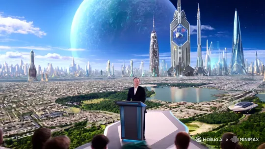 2098年地球星际联盟正式成立这里出现未来发达的地球画面已经走入星际时代的地球[左移,上升]，马斯克（[下降,上摇]一群人在听发布会）开发的人类第二殖民地与其他星球与银河系外的外星生命体进行了文明融合，人类也得到了前所未有的进化随着人类的进步，人们也发现了未知的危险正在接近…    
莫瑞兹是穿梭舰队长他们的任务是巡查银河系周围安全，这艘穿梭舰里有28个星球成员有各种各样的生物让类只是其中一个都古拉他是一种液体形态的的生物来自天王星，莫瑞兹像往常一样训练着来自各各星球的年轻学员，别看他外面那么年轻其实他已经70岁了，只是现在的科技已经能让一个人轻松活到500岁莫瑞兹身材魁梧长着一幅麦粒色的英俊脸他出生在地球是个典型的英国人也是马斯克家族的成员之一（也称之为地球人类正义协会）但是我们接下来要讲的的的是我们的主人公（哈克）现在的他只是一个无业游民每天浑浑噩噩噬酒 沉浸在 欲望国度（可以虚拟现实的装备）在里面过着过去的地球生活在里面与自己幻想出来的家人吃饭听听经典音乐，嘟嘟嘟哈克不耐烦的把设备取下来接通了电话 喂！谁？ 对面传来一阵滋滋声  ：6点传送点见有任务！什么任务？你是谁？  你的老战友米克怎么不记得我吗，现在没时间解释了上级要紧急召回你  后面的你来了跟你解释，，嘟嘟嘟~        哈克一时半还没缓过来 一屁股坐在沙发 脑子里似乎在想些什么没过一会看向了放在脑接机口旁边的灰色纳米收纳袋，他知道这次并非寻常的小任务不然上级不可能将他这个退伍的星际特工都召集，此时的他无比的焦虑脑海中浮现出4年前那残酷的画面，是一群长的像章鱼的机甲把他的队员都俘虏了 by Hailuo AI Video Generator