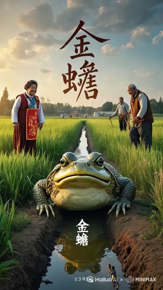 边上大妈一座到金蟾背上，金背着大妈往稻田上空飞翔。无人机镜头跟随，动态移动。 by Hailuo AI Video Generator