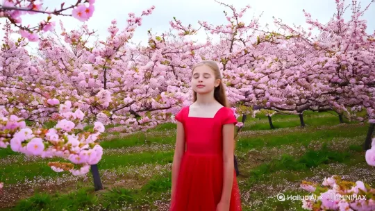 红衣少女赏桃花 by Hailuo AI Video Generator