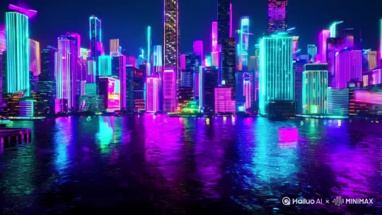 霓虹灯闪烁未来城市，高饱和紫色与青色对比，雨后湿漉漉地面反射城市灯光，空中悬浮全息广告，密集高楼间穿行飞行汽车 by Hailuo AI Video Generator