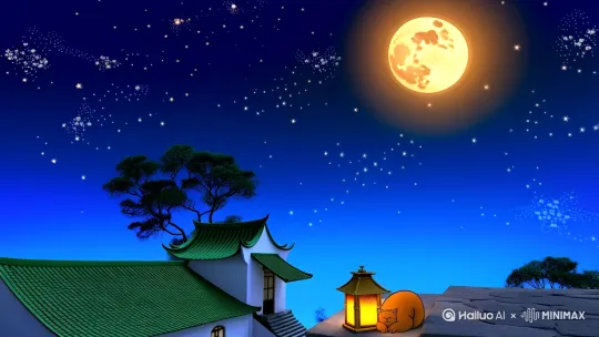 夜全景】（缓推镜头）
深蓝渐变夜空洒满银色星斗，一轮满月晕染琥珀色光晕。青瓦白墙的老屋前，石阶旁歪斜立着竹骨灯笼，暖黄光晕笼罩着槐树下的青石桌案。镜头缓缓推近，露出桌角蜷缩的胖橘猫。

色调处理：夜空采用敦煌壁画青金石色打底，点缀蛤粉星芒，月光晕染处呈现氧化铁色渐变，整体保持水墨宣纸质感。 by Hailuo AI Video Generator