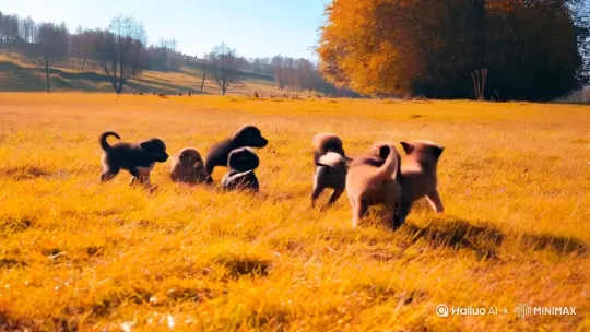 一群可爱的中华田园犬幼仔,在秋天暖洋洋的金黄的草地上追逐打闹 by Hailuo AI Video Generator