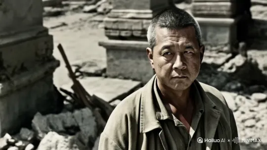 一个在战火中生存下来的勇士，镜头拉近主体人物目光犀利的看向运方。 by Hailuo AI Video Generator