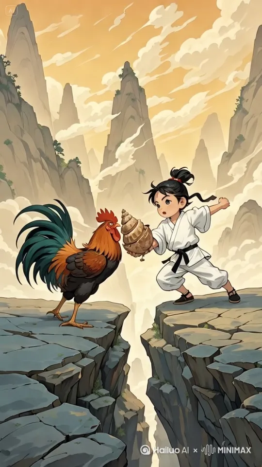 即梦
这张图片展示了一个小孩坐在悬崖边缘，身穿白色的武术服，正专注地看着对面的一只公鸡。小孩与公鸡之间隔着一条裂缝，看起来像是在对峙或交流。背景是一片广阔的山脉景色，给人一种宁静而壮丽的感觉。这种场景既有趣又富有想象力，展现了人与自然和谐相处的瞬间。

海螺
鸡和人史诗般的暴力打斗场面，镜头限随图片中的人和鸡拳打脚踢。快速暴力动作片，人和鸡的生死战，电影级，人和鸡拳打脚踢动作非常快速，鸡和人打出幻影 by Hailuo AI Video Generator